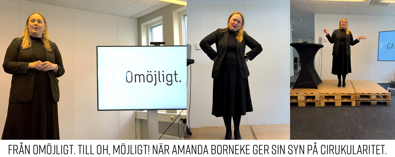 Amanda står på en scen av lastpallar. Hon har svart klänning o kavaj. På första bilden står det Omöjligt. på skärmen, på sista Oh, möjligt!