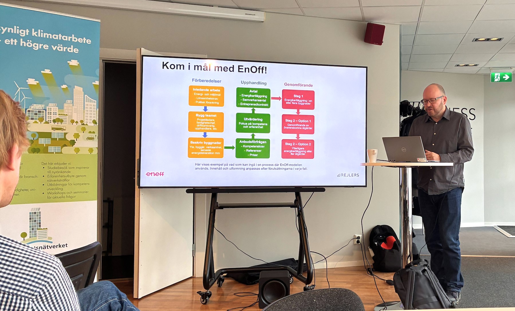 En man framför ett flödesscehma på enoff