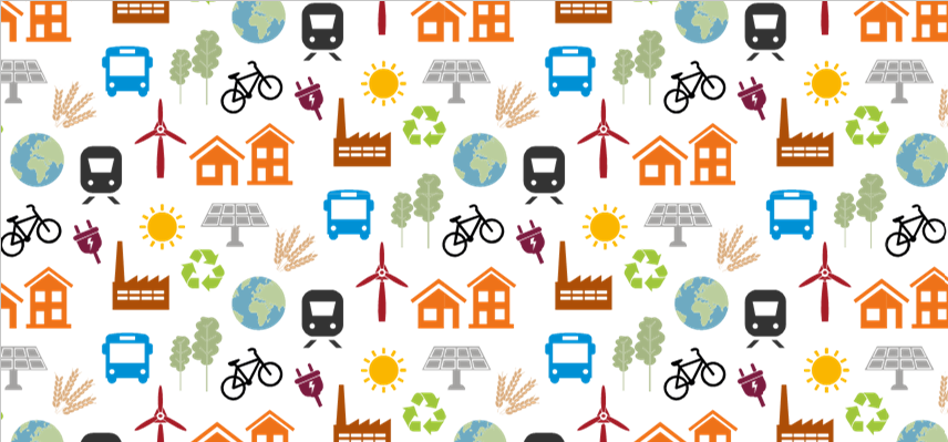 En mängd symboler på tåg, sol, hus, cykel, solceller, hållbarhetstecken, jordglob, elkraftverk, vete, elkontakt, buss, vindkraftverk och växter i flera olika färger.