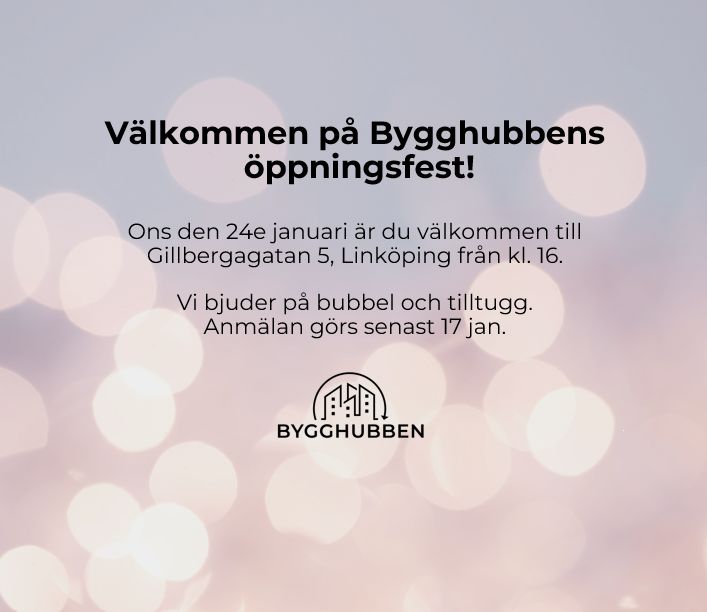 Bakgrundsbild med glitter i rosa och blått. På bilden står det: Välkommen till Bygghubbens öppningsfest!
