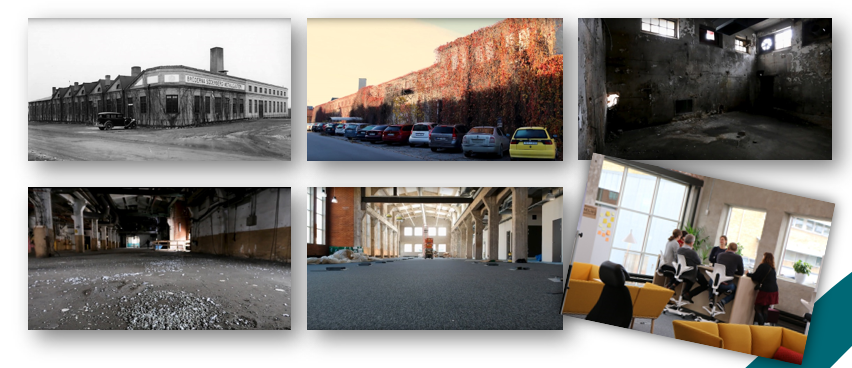 Bilder på renoveringsobjektet från metallgjuteri till kontor - flera bilder i ett kollage