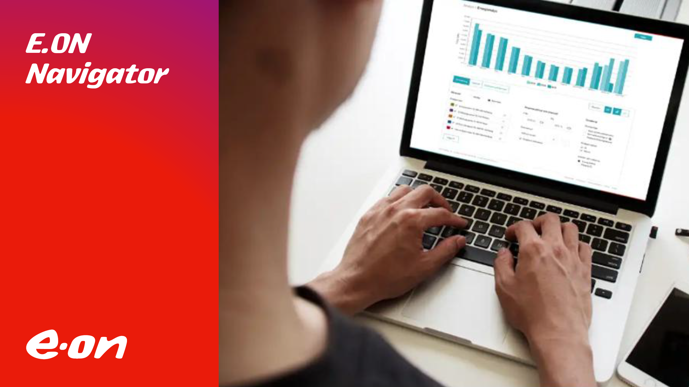 Ung man som syns bakifrån som skriver på en dator samt eon:s logga med röd bakgrund på vänstra sidan