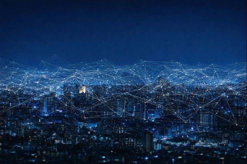 En storstad med skyskrapor i mörkt blått till svart med vita linjer går härs och tvärs som visar på ett nätverk