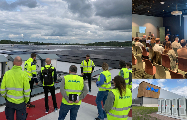 tre bilder: en bild med många personer i reflexväst på ett tak, bild 2 en föreläsningssal med människor som sitt och lyssnar. Kortet är taget bakifrån.Bild 3 Ahlsells loggan på ett hus med några stora grå laddbara batterier förgrunden. 