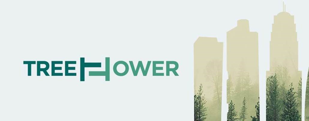 TreeToTower står på bilden, bakgrunden är ljusgrön, man ser mörkgröna streck som ska likna träd