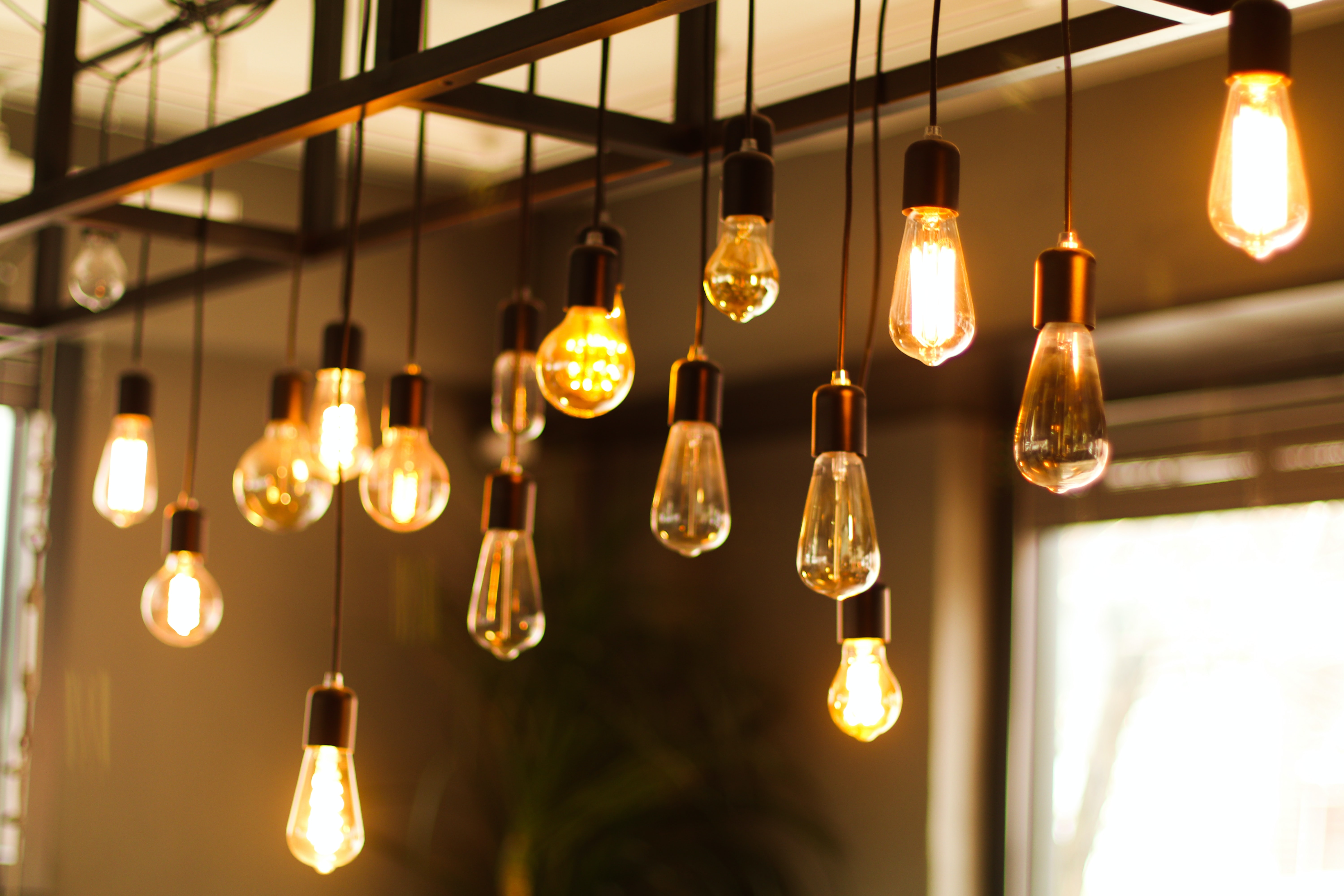 Många glödlampor som hänger ner från ett tak