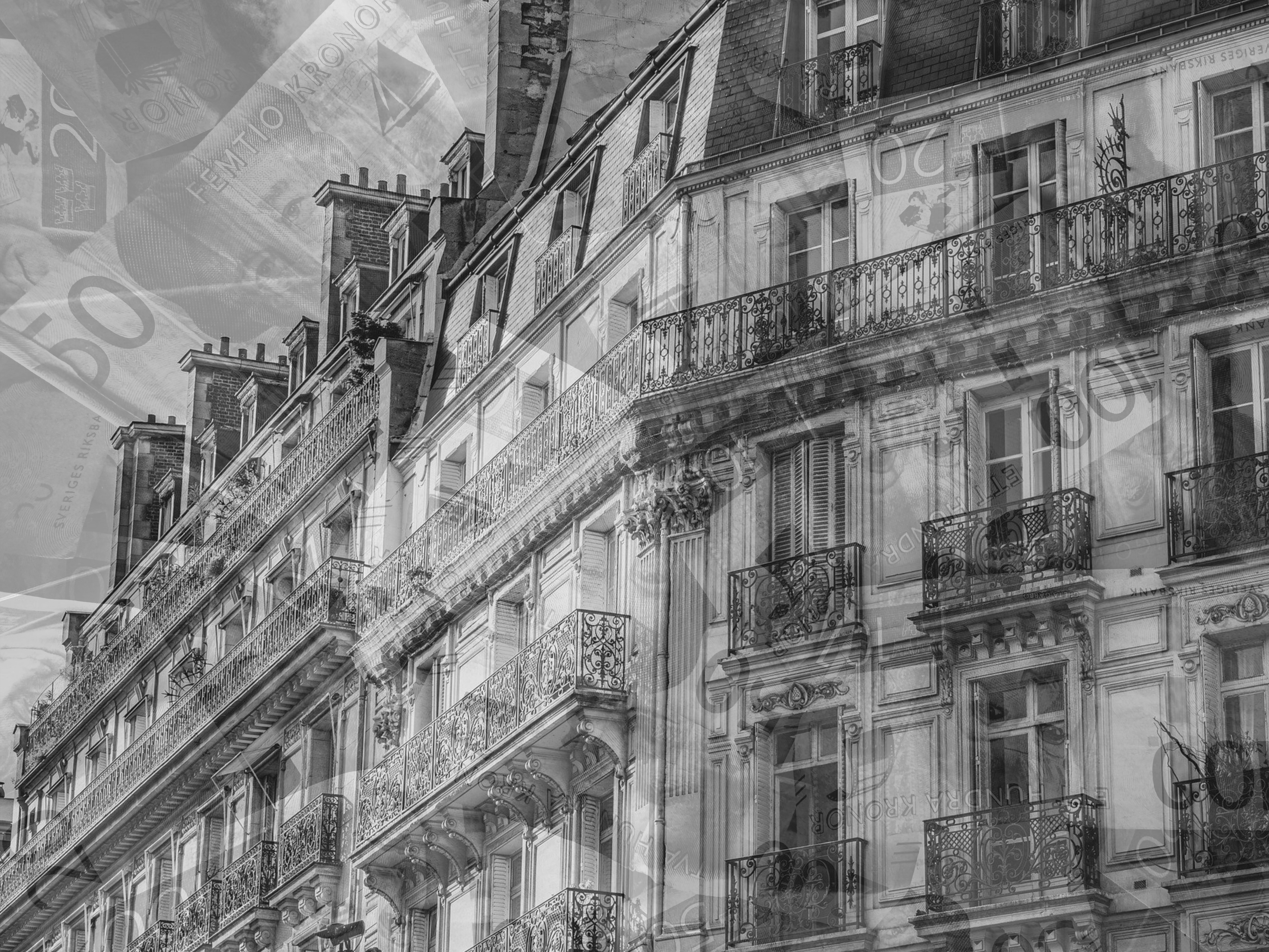 Fastighetshus med pengar som lyser igenom. Svartvitt foto